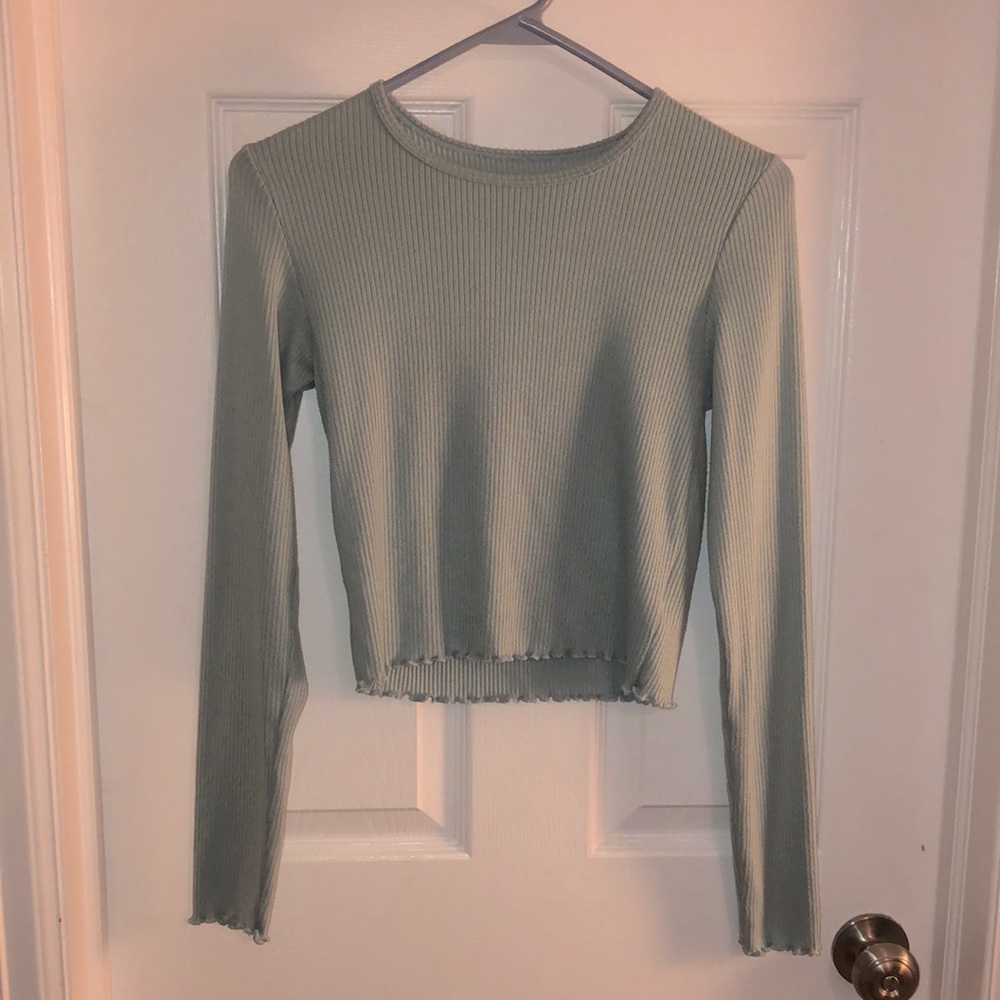 American Eagle Outfitters Sage Ribbed Long Sleeve Crop Top